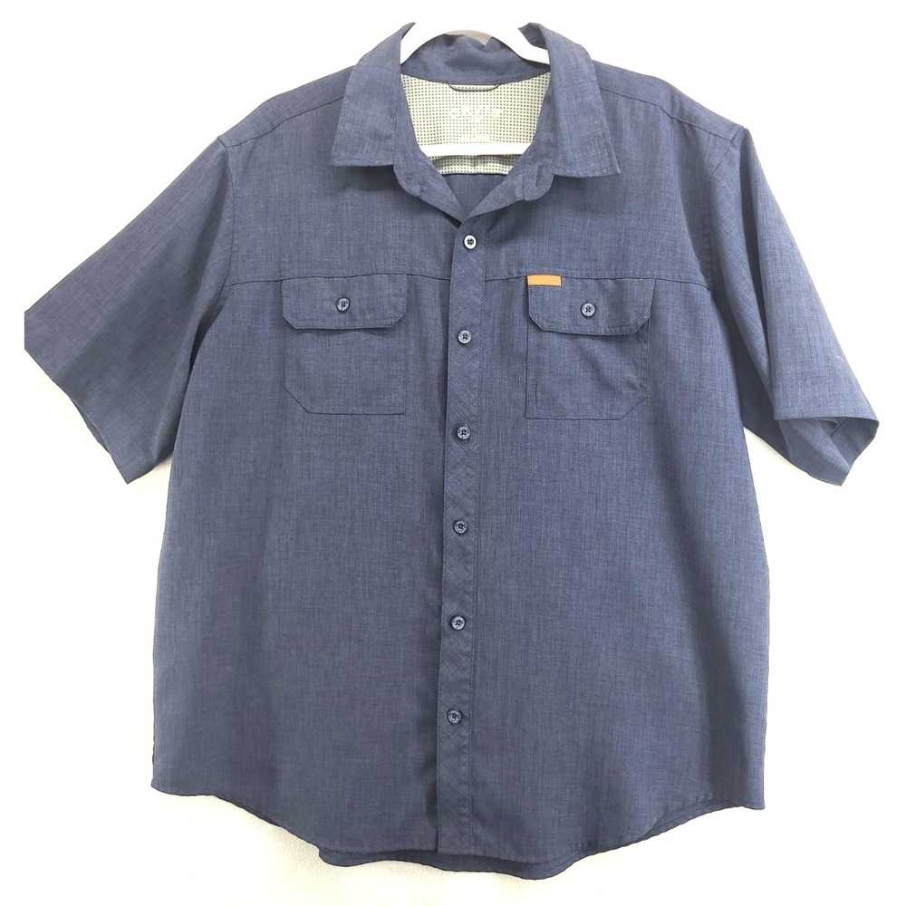 Orvis Mens XL Short Sleeve Button Up Tech Shirt Blue Hiking Fishing Sunglasses